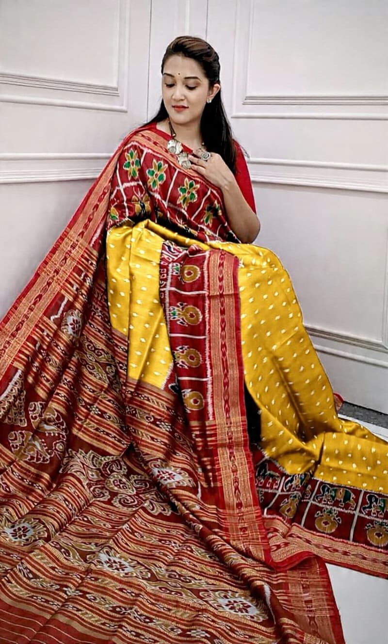 Red and yellow Khandua silk saree