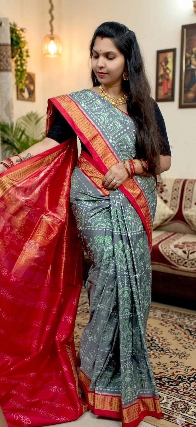 Grey Sambalpuri saree with red border