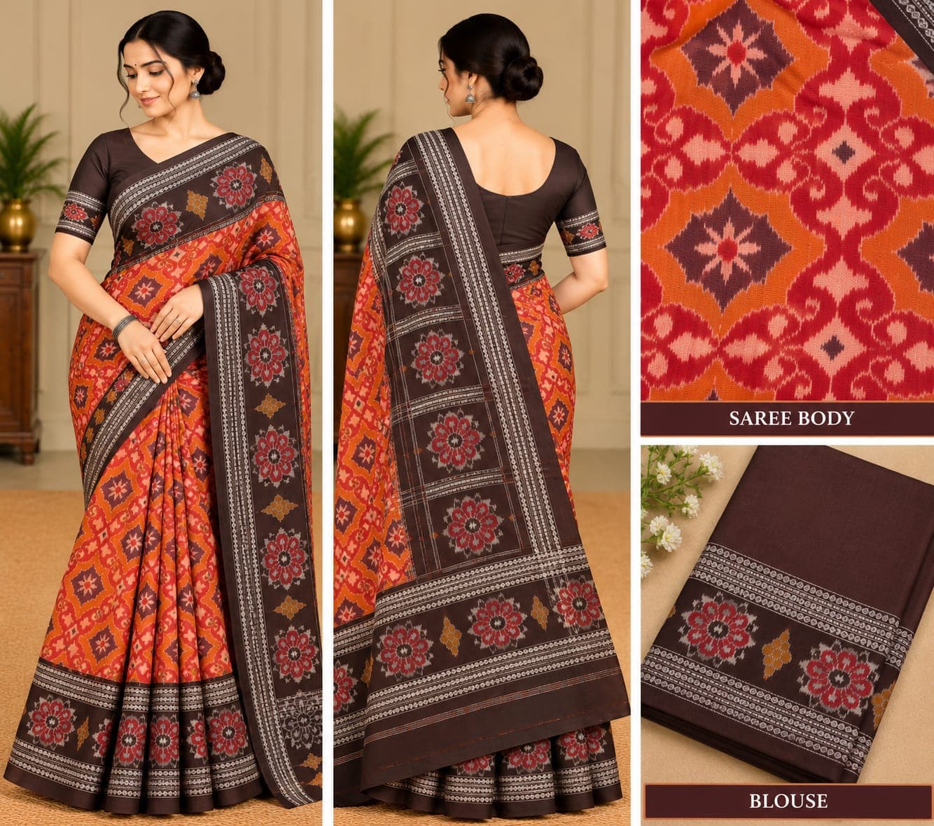 Computer Design Double Border (Coffee, Mustard & Red Colour Saree)