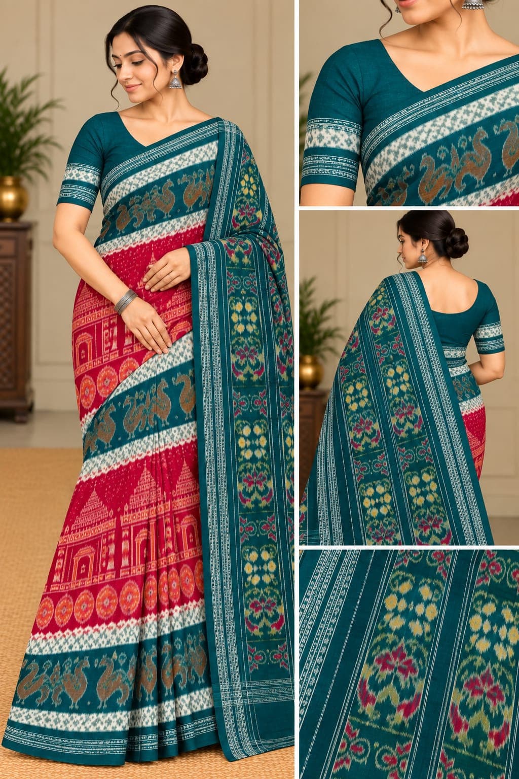 Konark Design (Green, Red, White Colour Saree)