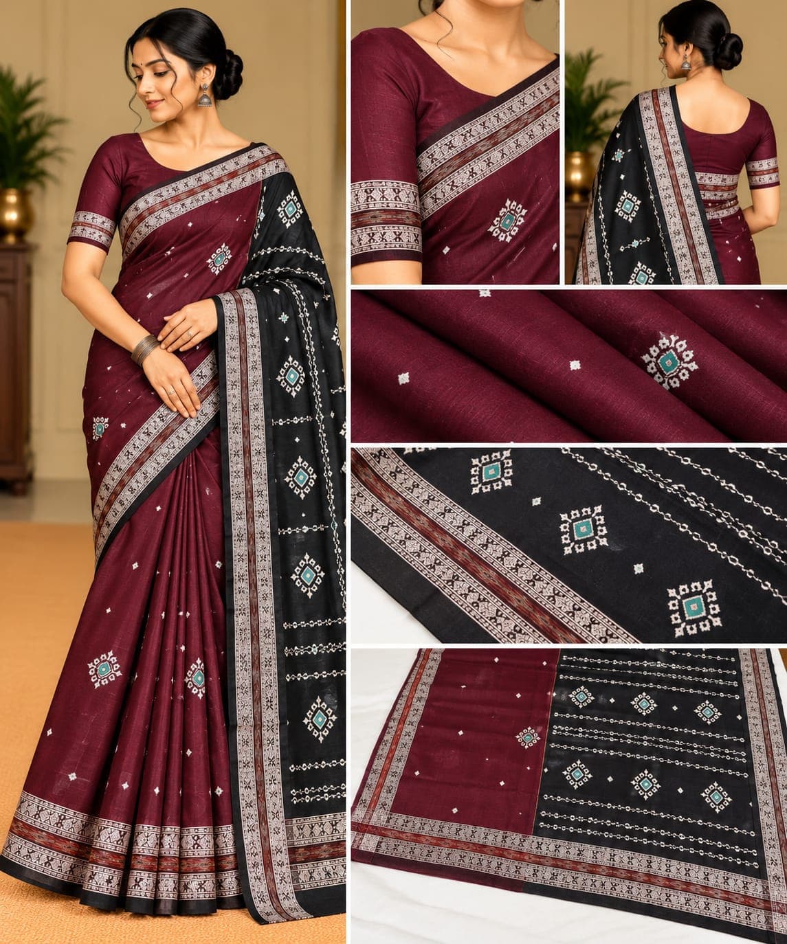 Flower Embroidery (Maroon Colour Saree)