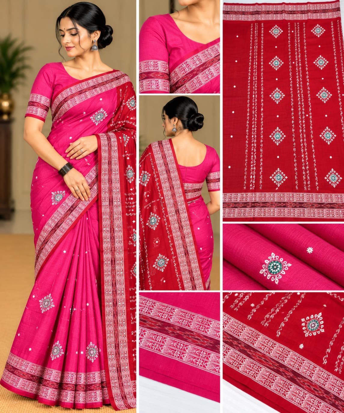 White Flower Embroidery (Rani Pink Colour Saree)