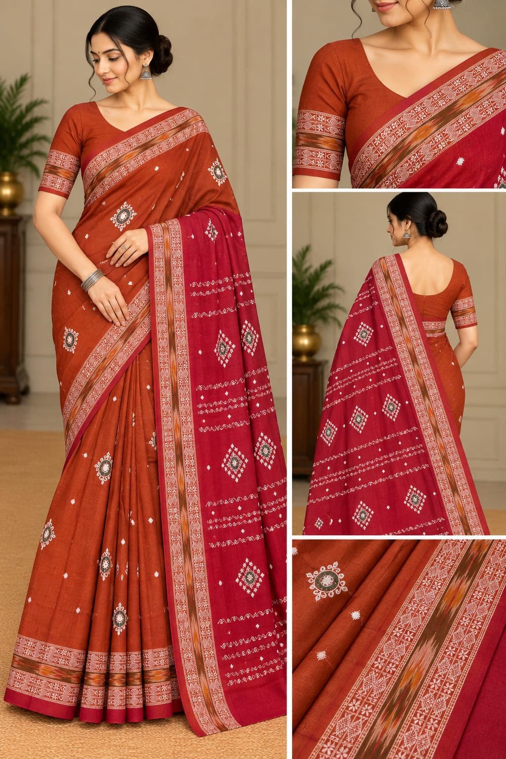 Flower Embroidery (Rust Red Colour Saree)