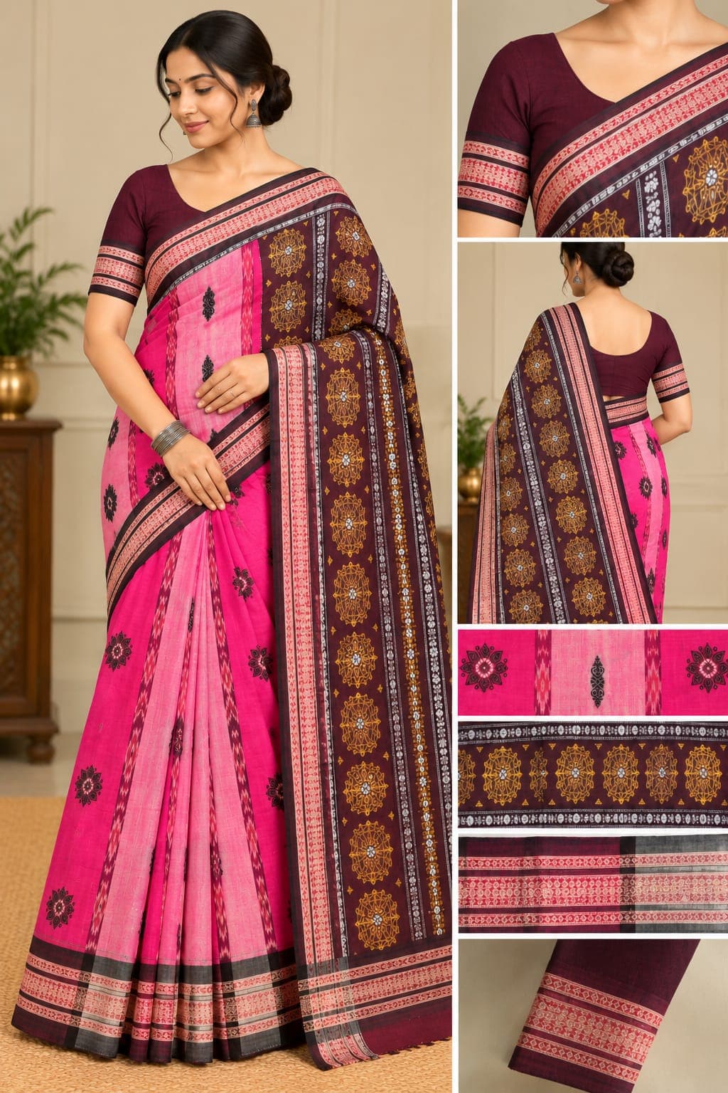 Bomkai Saree (Pink, Black Colour Saree)