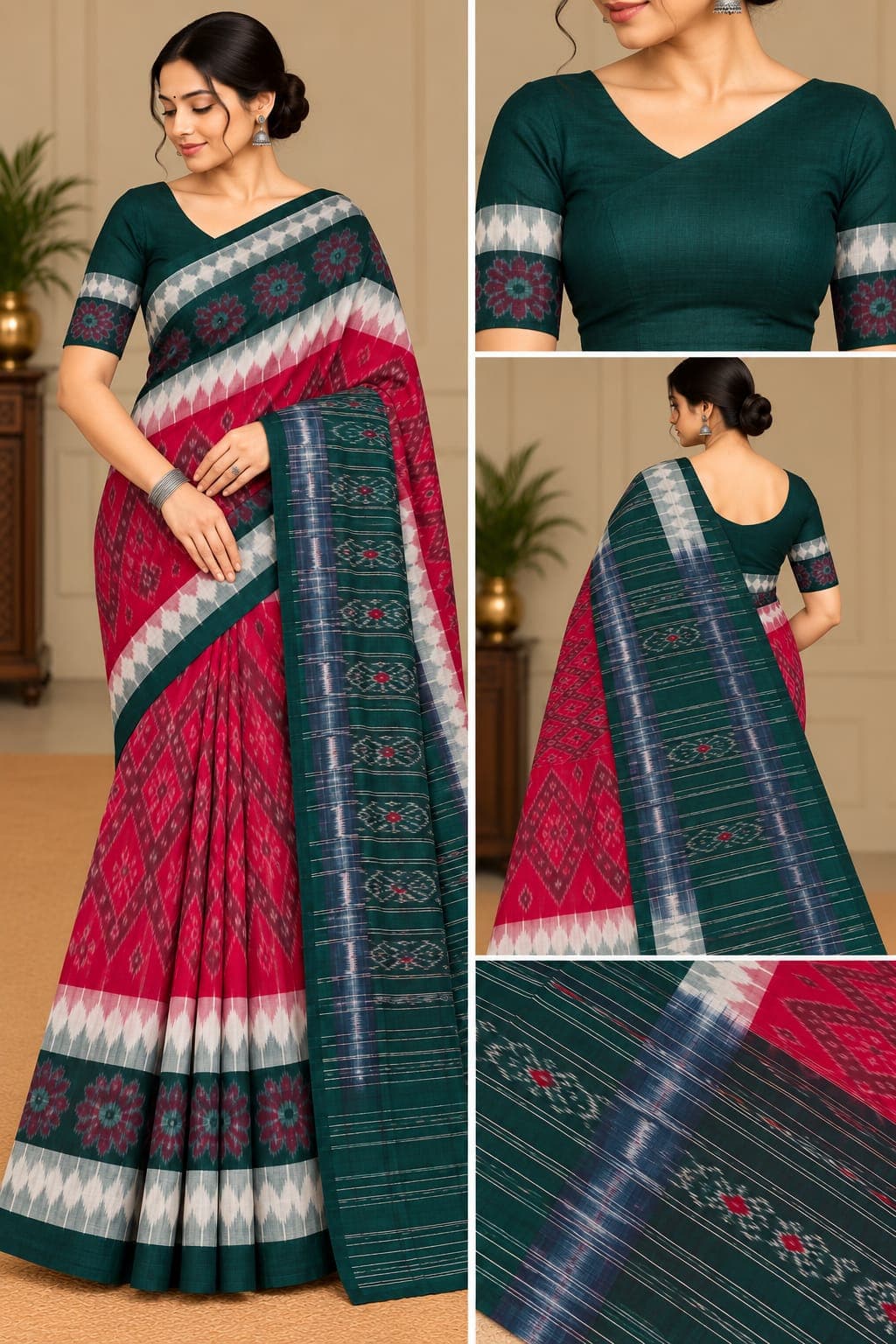 Sambalpuri Cotton ( Green, Red Colour Saree)