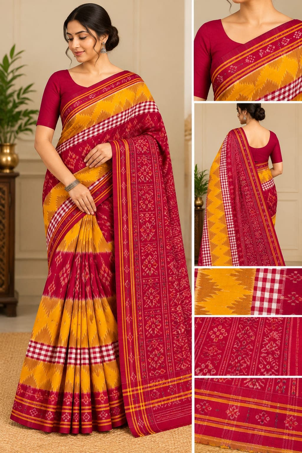 Sambalpuri Cotton Red Yellow Stripe & Temple Border